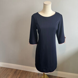 Kenneth Cole Reaction Navy Blue w/ Pink Trim Midi Sheath Dress Jewelled Bows, 10